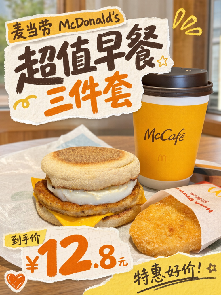 麦当劳超值早餐三件套12.8元,品种丰富能量足